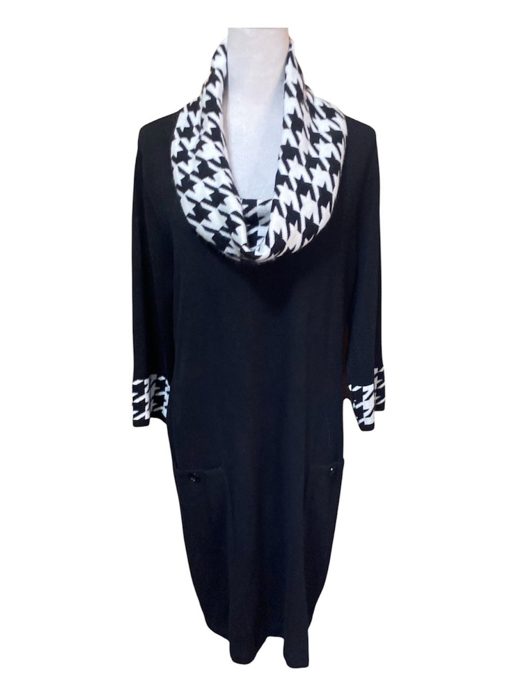Studio One Plus Size Black Dress with Houndstooth Infinity Scarf